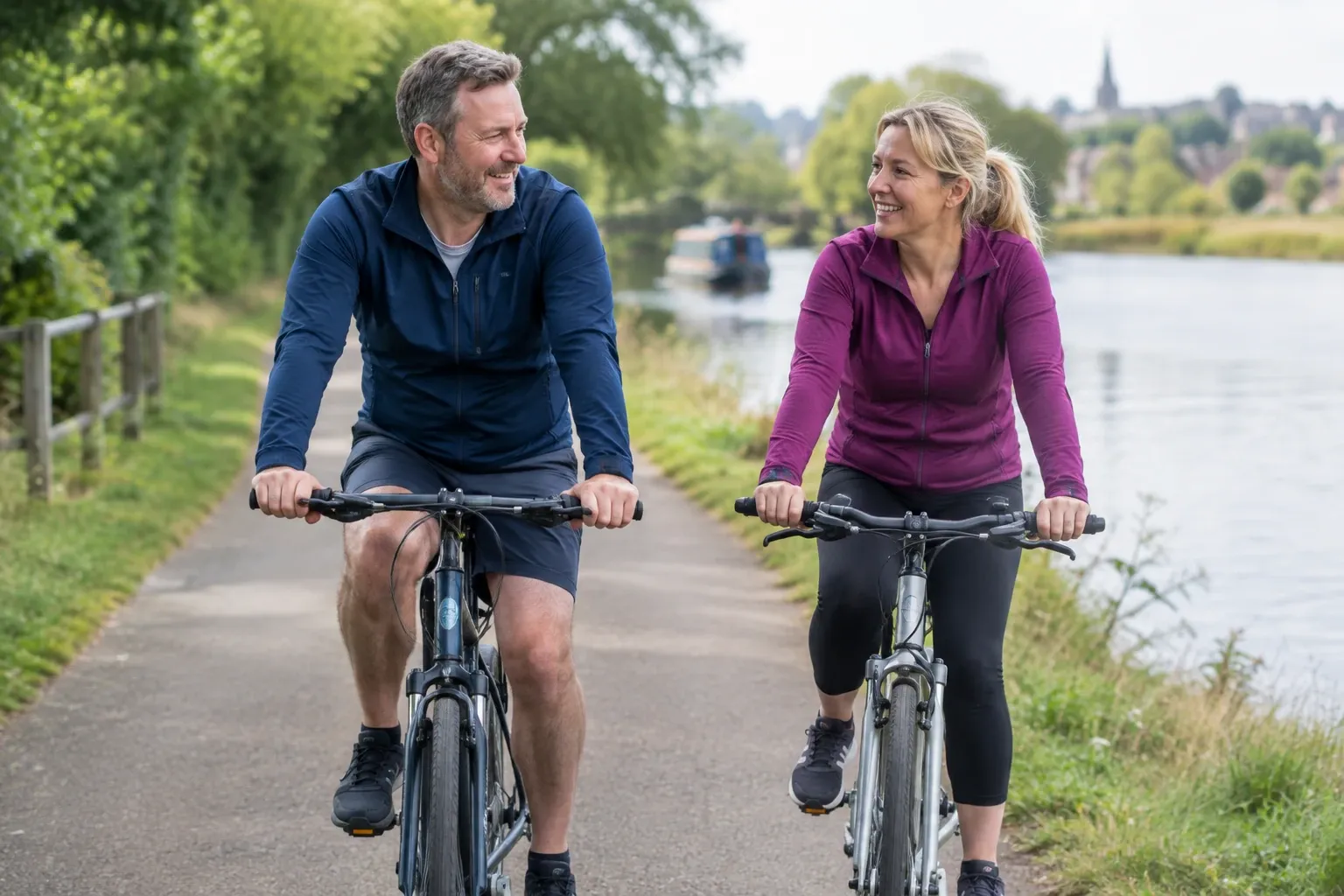 Middle-aged man and woman cycling side-by-side on riverside path, smiling and conversing