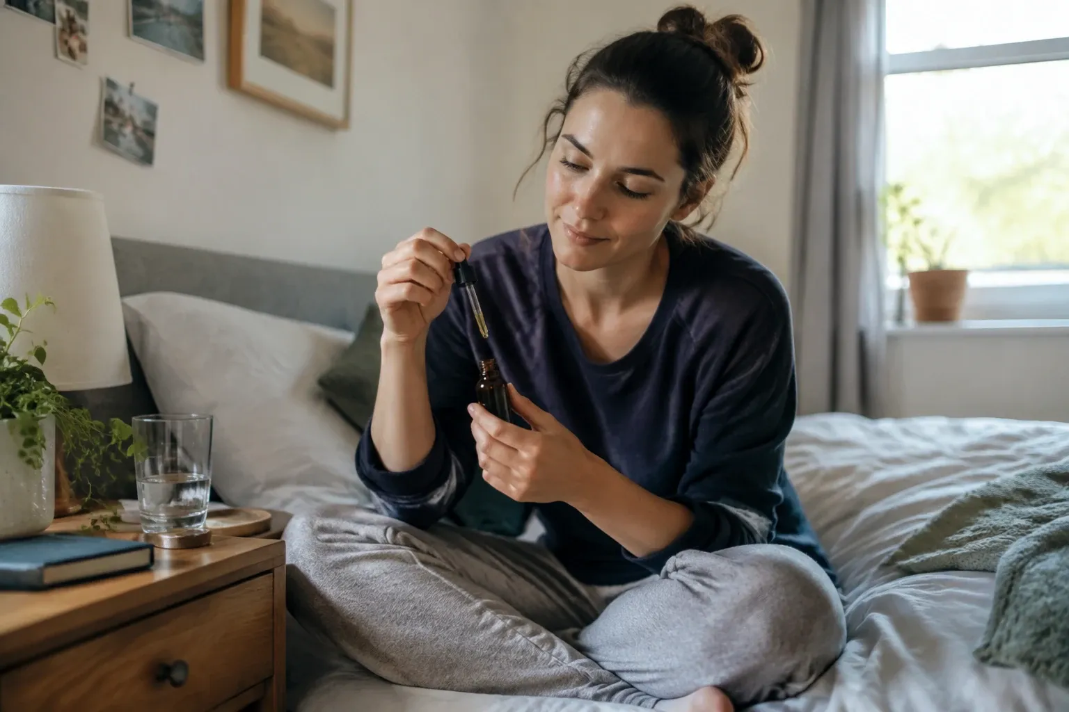 Woman sitting cross-legged on bed holding CBD oil dropper, bedside table with glass and lamp