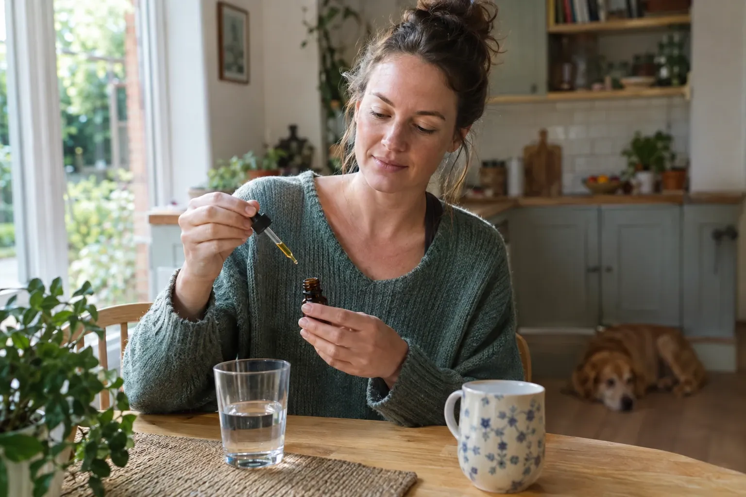 Woman holding a CBD oil dropper over a glass of water at kitchen table