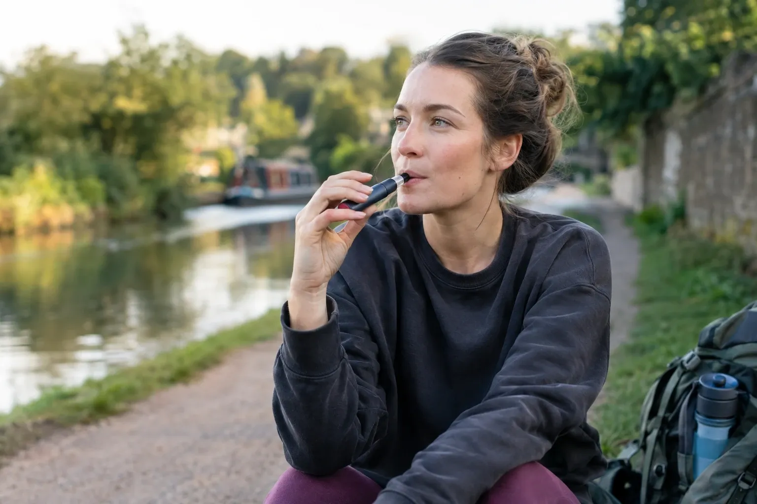 Woman sitting by river inhaling from a CBD vape pen, backpack beside her