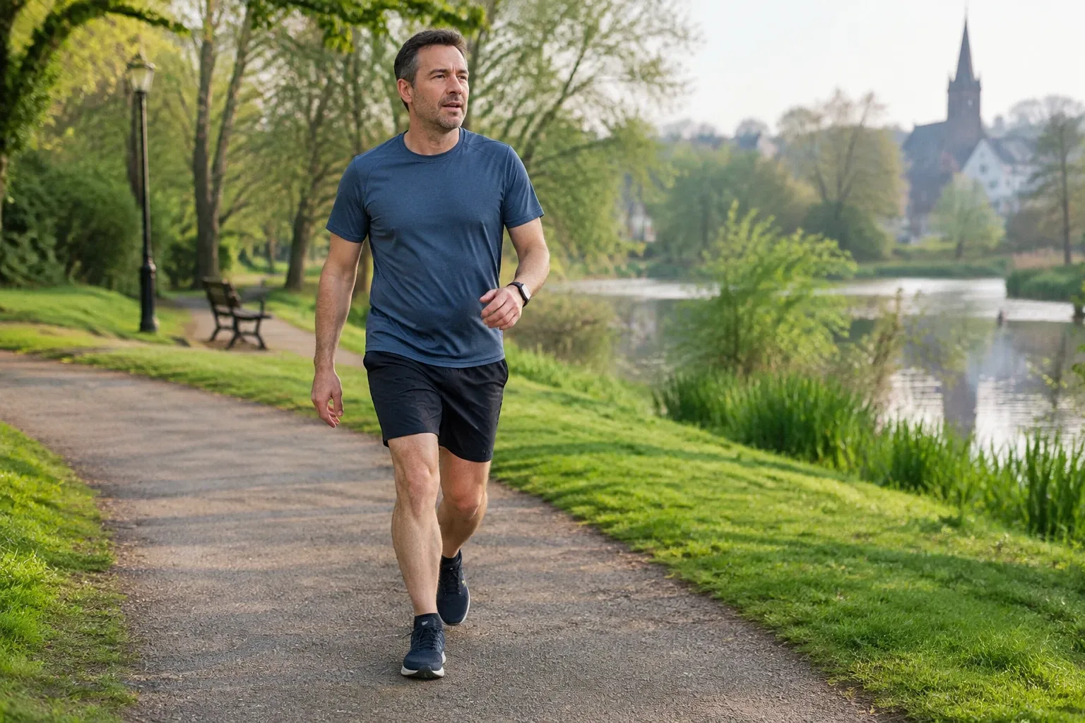 Man in running gear jogging along riverside path at sunrise in park