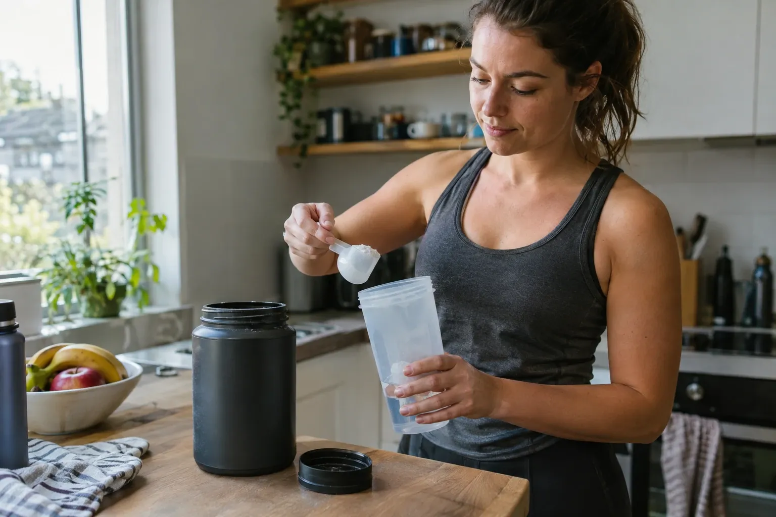 Woman in tank top scooping white powder creatine into shaker in kitchen