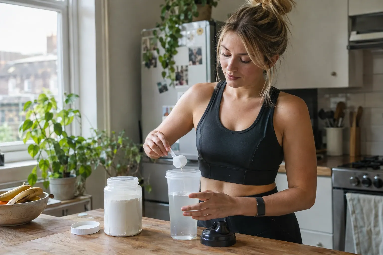 Young woman in sports bra scooping white powder into shaker bottle in kitchen