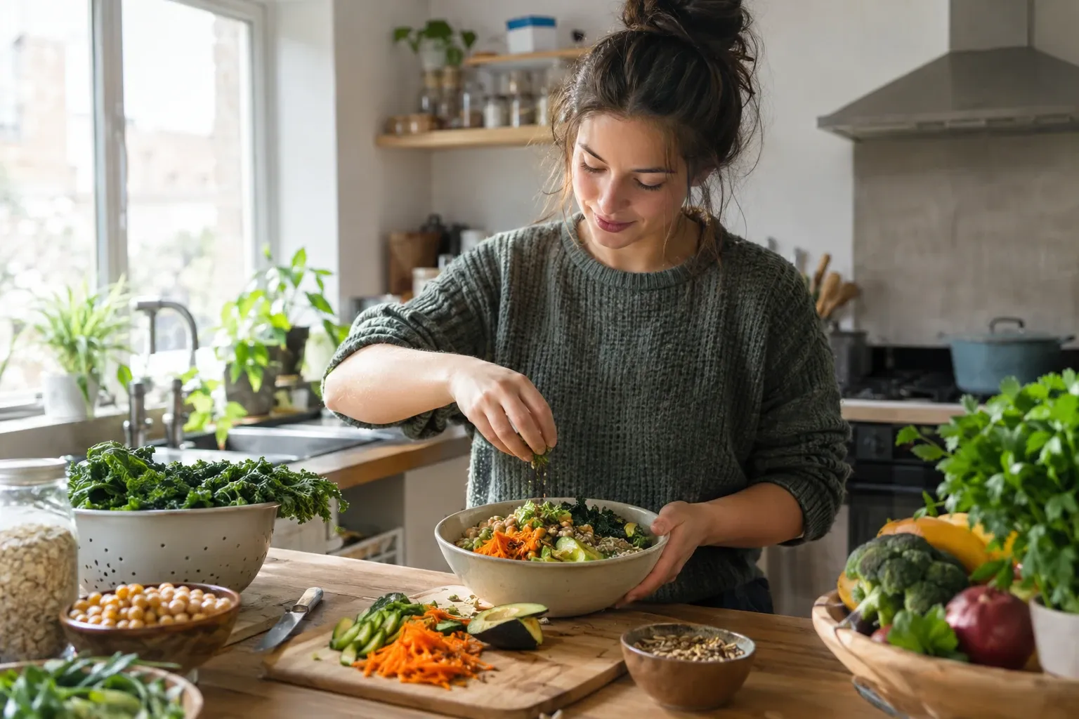 Woman assembling a high-fiber grain and vegetable bowl with chickpeas and kale