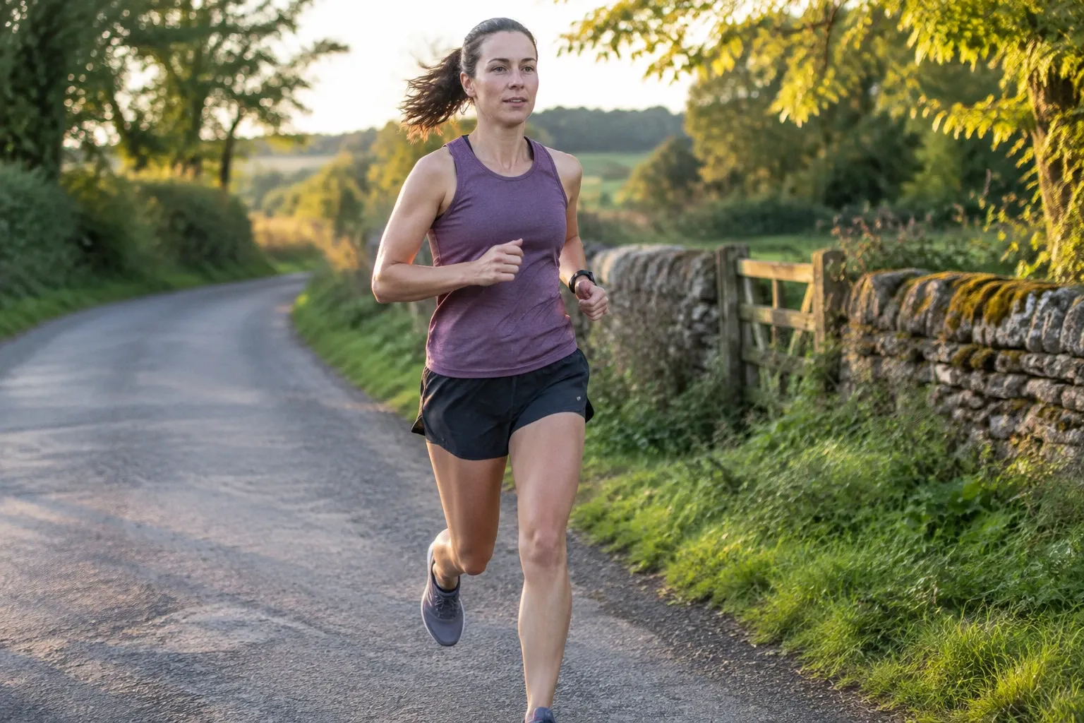 Woman in running gear jogging on rural road beside stone wall at sunset
