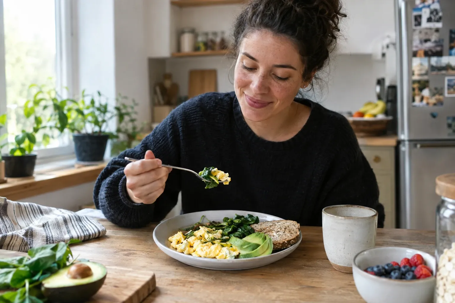 Woman eating scrambled eggs with sautéed spinach, avocado, multigrain toast, and berries