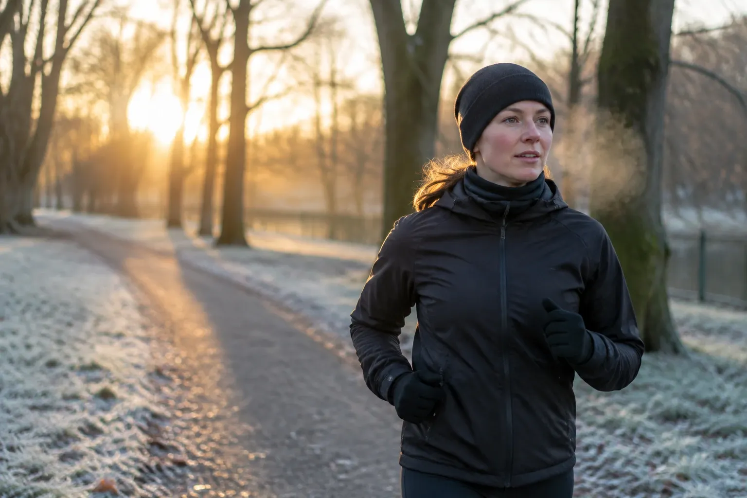 Woman in a beanie jogging on a frosty park path at sunrise