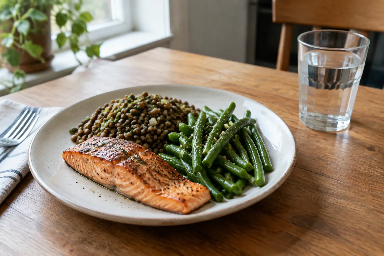 Grilled salmon fillet with green beans and lentils on a ceramic plate