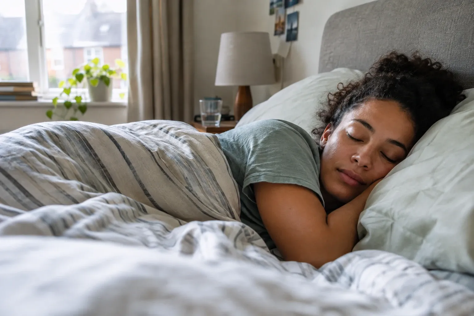 Woman sleeping on side in bed with striped duvet in daylight bedroom