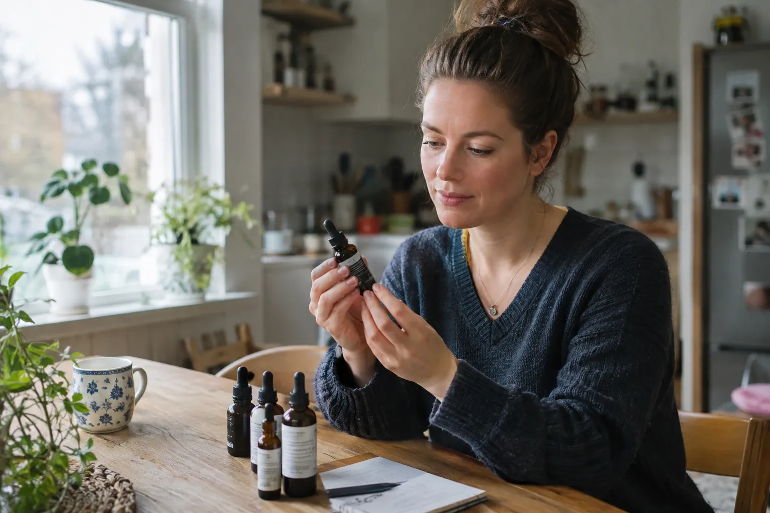 Woman examining a CBD oil tincture bottle at a sunlit kitchen table with others