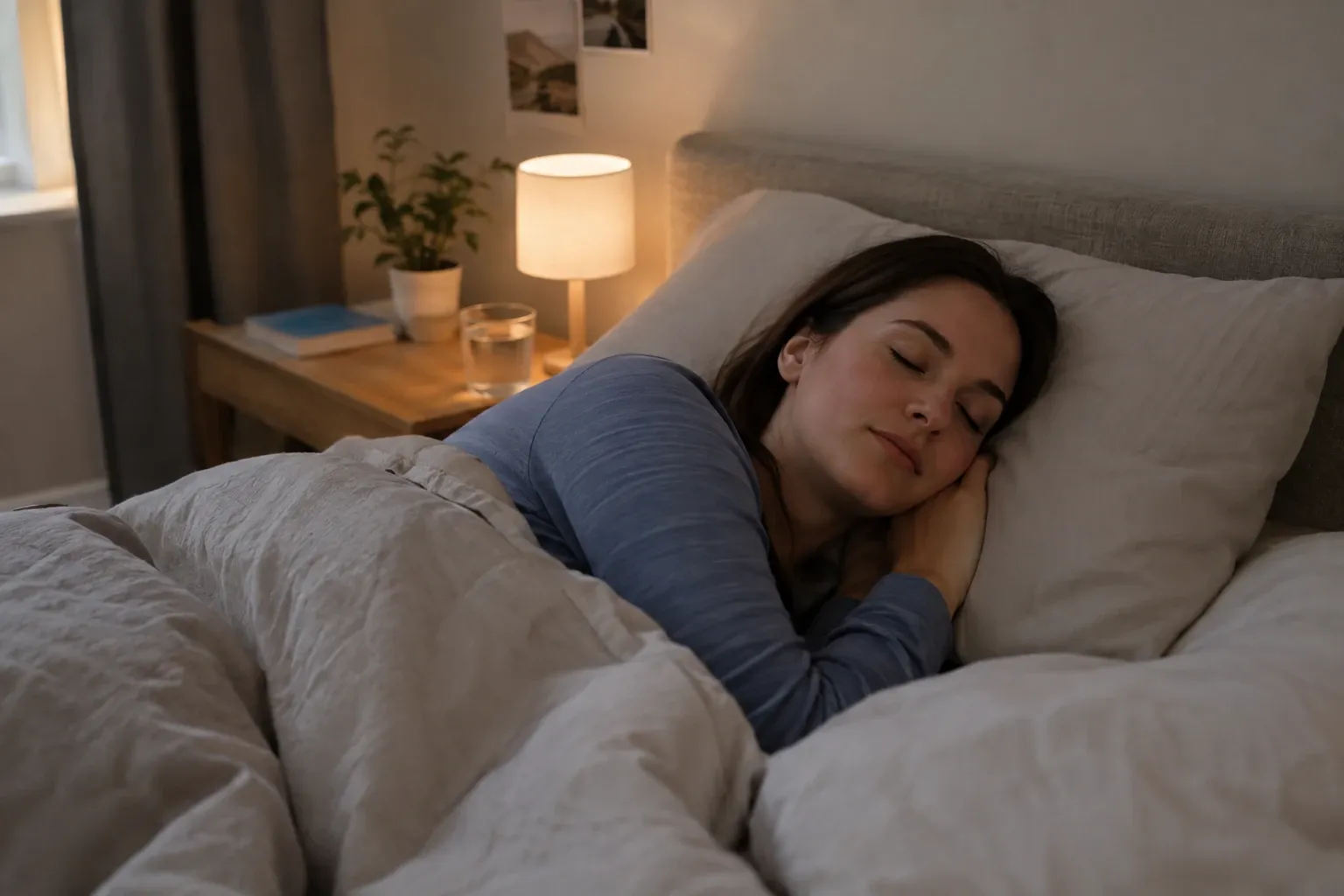 Woman sleeping on her side under duvet in dimly lit bedroom lamp glow