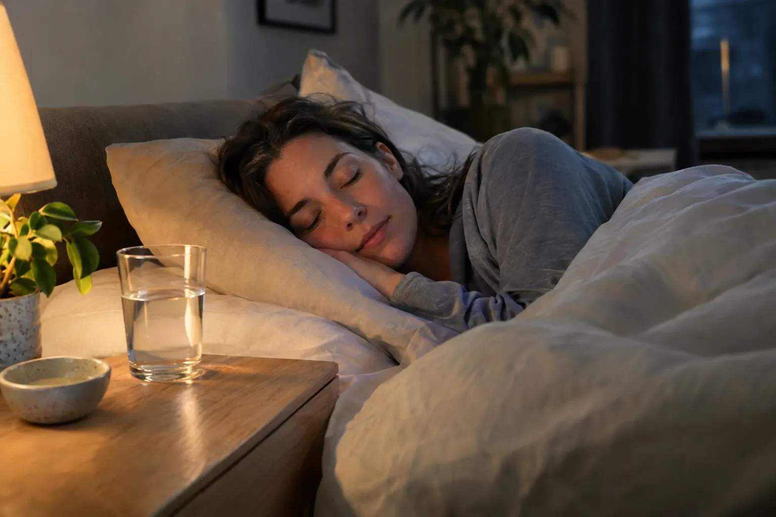 Woman sleeping peacefully in bed next to bedside table with glass of water