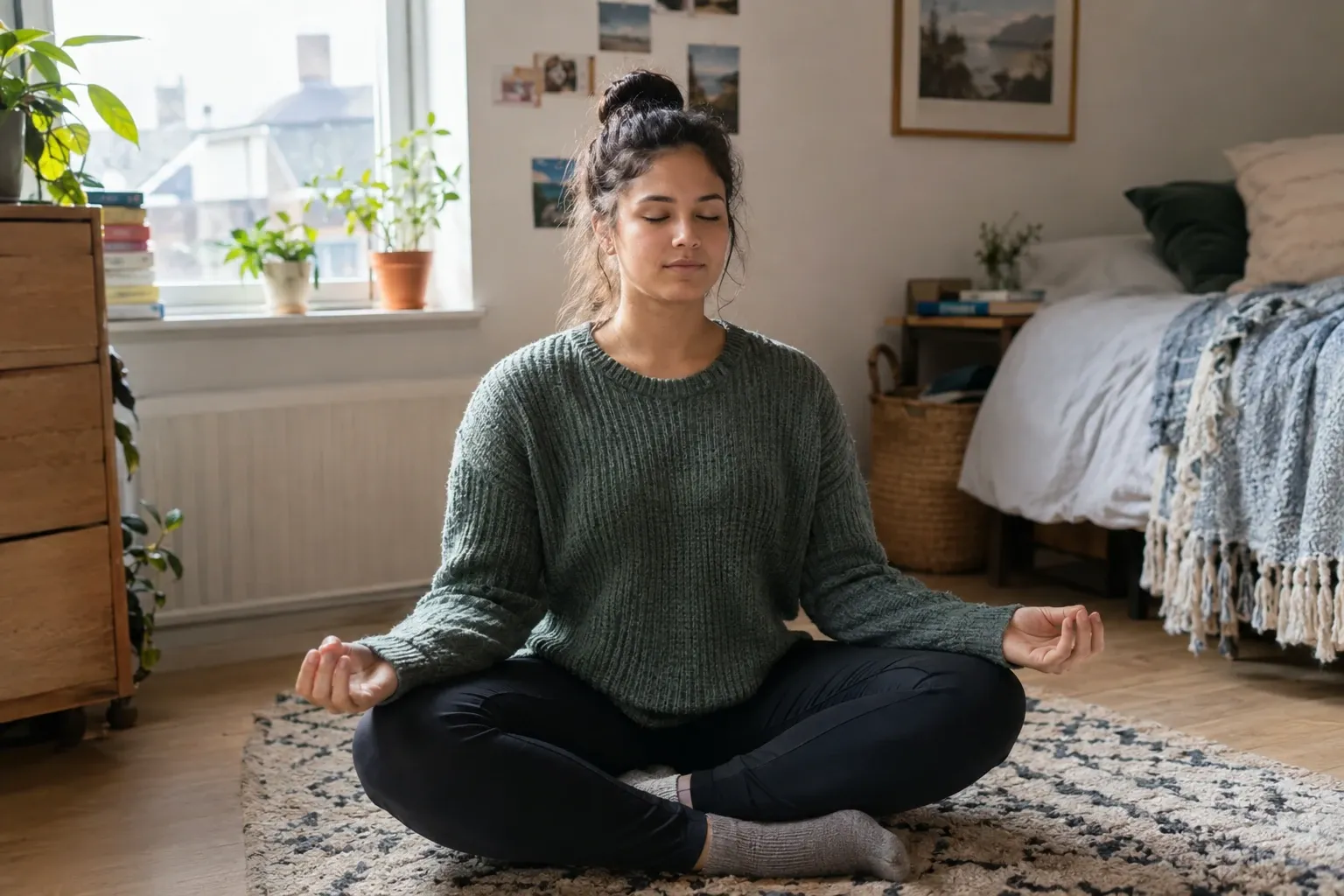 Young woman sitting cross-legged on rug meditating calmly in cozy bedroom setting