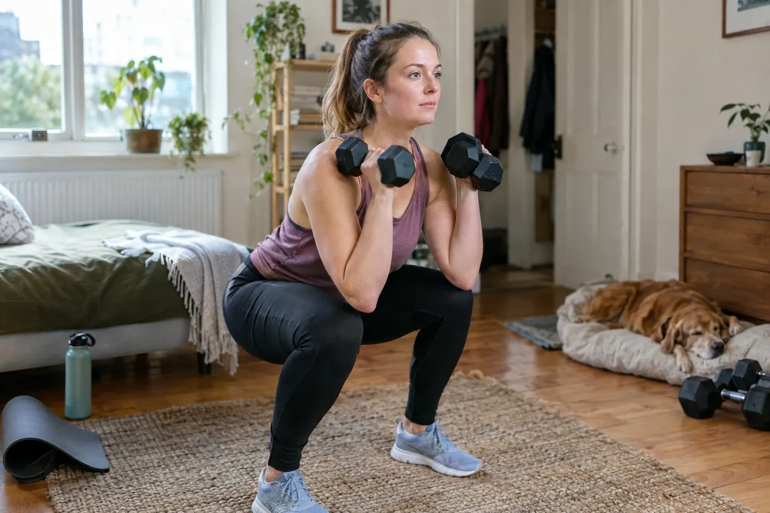 Woman performing dumbbell front squat in living room with dog resting nearby